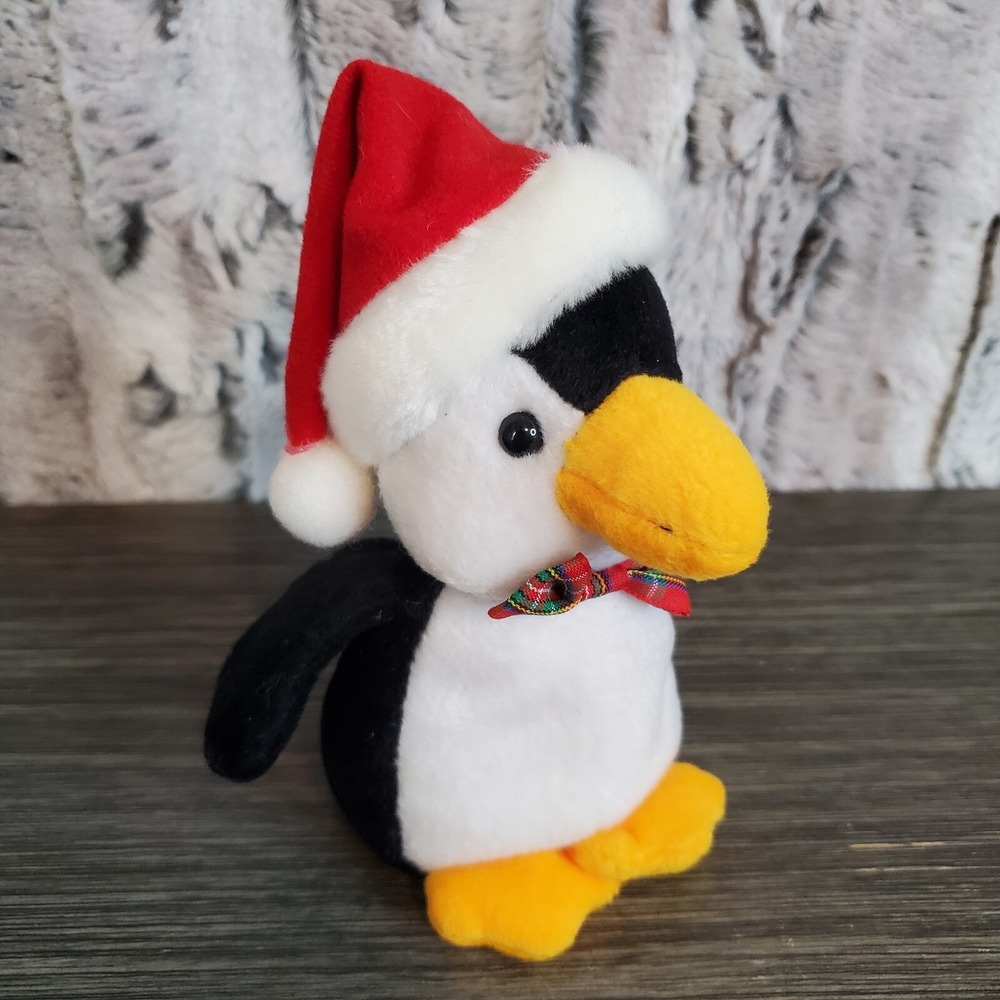 Kellytoy Christmas Penguin Bean Bag Plush Santa Hat Plaid Bowtie 6" Holiday Toy